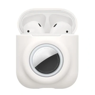 Immagine di kwmobile Custodia 2 in 1 compatibile con Apple Airpods &amp; e AirTag Cover Cuffie Bluetooth Protezione Silicone Moschettone bianco