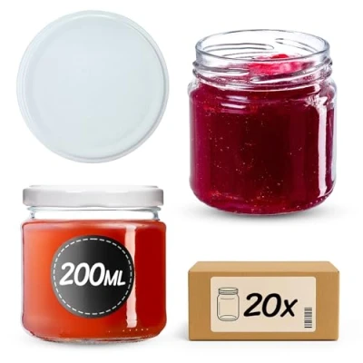Immagine di KADAX Barattoli Ermetici di Vetro da 200 ml, Vassetti Piccoli con Coperchio a Vite per Conserve Frutta, Marmellate e Miele (Set 20, Bianco)