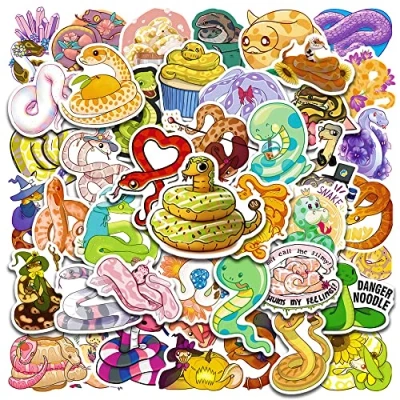 Immagine di 50 adesivi a forma di serpente dei cartoni animati, simpatici iridescente, per bambini, ragazzi, in vinile impermeabile Vsco Kawaii colorati