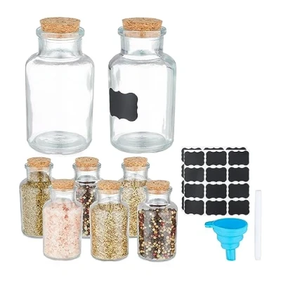 Immagine di Relaxdays Set 8 Barattoli Portaspezie in Vetro, Coperchio Sughero, 150 ml, incl. Etichette, Penna e Imbuto, Trasparente, Acciaio