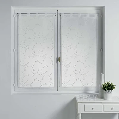Immagine di Douceur d&#039;Intérieur. Coppia di tende dritte con passanti, 60 x 90 cm, velate, sabbiate, ricamate piccoli fiori, colore: bianco.