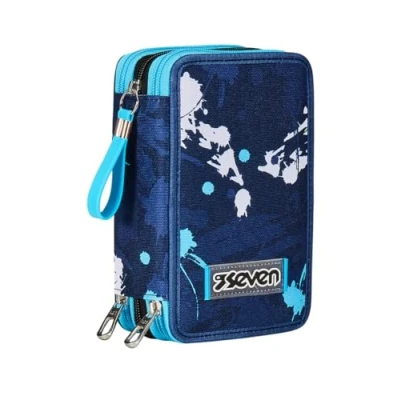 Immagine di Astuccio 3 Scomparti Seven, Blu, Triplo Scomparto, Completo di Matite, Pennarelli, Colori, Accessori Zaino, Elementari, Medie, Superiori, Bambino e Ragazzo