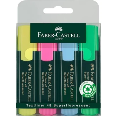 Immagine di Faber Castell 154804 Set di evidenziatori TL 48, confezione da 4, colori neon, con punta a cuneo lunga durata, larghezza linea 1 5 mm, ricaricabili