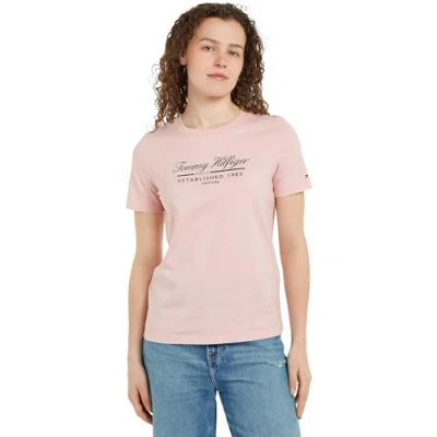 Immagine di Tommy Hilfiger Donna T Shirt Maniche Corte Script Graphic in Cotone, Rosa (Delicate Pink), XL