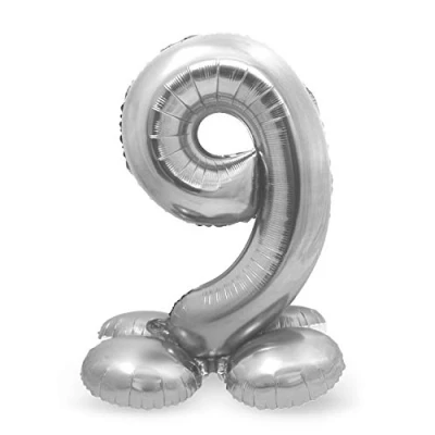 Immagine di Folat 64719 palloncino di alluminio con Base Numero Figura 9 Argento 86 cm decorazione elio per compleanno, anniversario