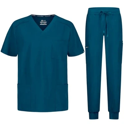 Immagine di B well Matteo Divisa Sanitaria Uomo Elastica Uniforme Set con Casacca e Pantalone Jogger Divise Sanitarie Spandex, Verde Caraibico, XXL