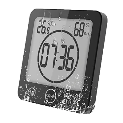 Immagine di Termometro Igrometro Digitale, Orologio da Bagno Impermeabile Allarme Toccare Controllo Timer per il Conto Alla Rovescia, Termoigrometro Interno Casa Monitor di Temperatura e umidità (Nero)