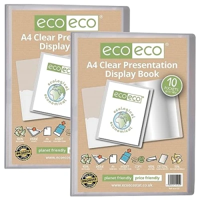 Immagine di eco eco125x2 Cartellina portadocumenti trasparente, formato A4, riciclata al 50%, 10 tasche, con buste in plastica, confezione da 2