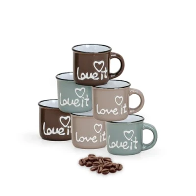 Immagine di matches21 Set di 3 tazzine da caffè smaltate Love It &amp; Heart, in ceramica, 5 cm, 50 ml, colori assortiti