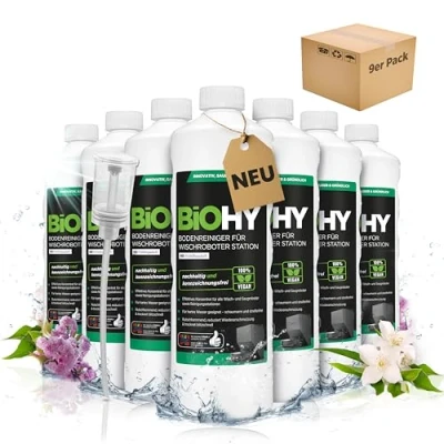 Immagine di BiOHY detergente per pavimenti robot, stazione con profumo primaverile (9 x 1 litro) + dosatore, concentrato tutti i robot pulitore e aspirapolvere funzione bagnata, braccio di