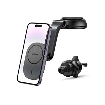 Immagine di UGREEN Caricatore Magnetico da Auto, Wireless 2 in 1 Porta Cellulare Auto Ricarica 15W Compatibile con iPhone 16 Plus Pro Max/iPhone 15 Max/14 Max/13/12 Serie