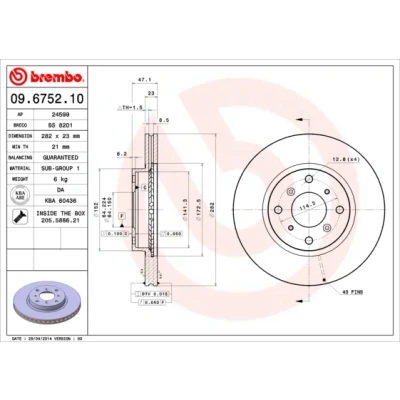 Immagine di BREMBO 09.6752.10 Disco freno 282 23 4 ventilazione interna con bulloni/viti HONDA: CIVIC 6 Hatchback, PRELUDE 4, Aerodeck