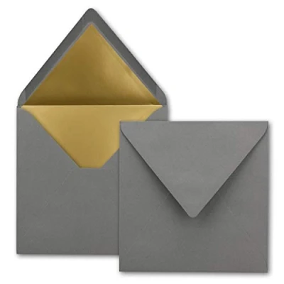 Immagine di 25x buste quadrate 15,5 x cm Colore: antracite (grigio scuro) foderato con carta metallizzata oro Incollaggio a umido per inviti e saluti cari