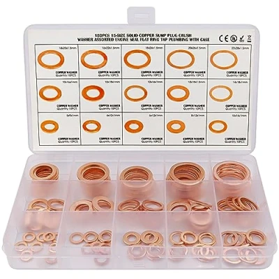 Immagine di 150 Pz Rondelle Rame 15 Misure, Metrica Classificazione Kit di Guarnizione Rame(M5 M6 M8 M10 M12 M14 M16 M18 M20 M22),per il Fissaggio Degli Accessori