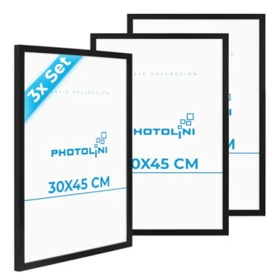 Immagine di PHOTOLINI cornici 30x45 cm nero legno MDF, set di 3 per poster, plexiglass infrangibile, da parete, accessori extra inclusi foto, immagini e poster