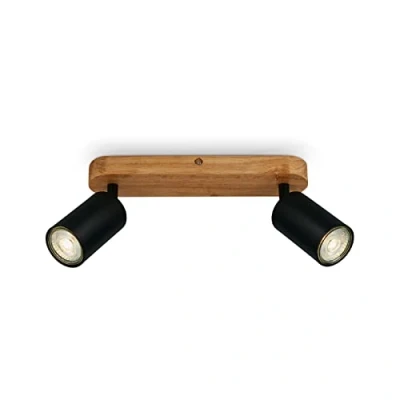 Immagine di BRILONER lampada da soffitto retrò con legno, vintage a 2 lampade, 2x attacco GU10, spot LED regolabile, rustico, nero 270x60x85 mm