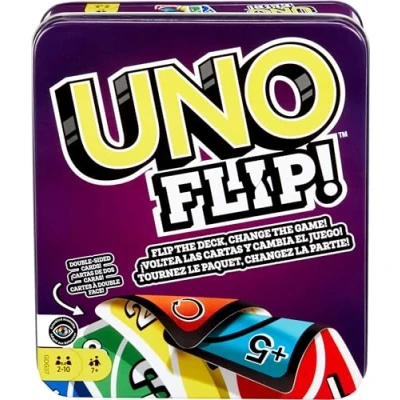 Immagine di UNO FLIP! L&#039;elettrizzante variante del mitico gioco di carte per tutta la famiglia in una scatola metallo, 112 fronte/retro e speciali FLIP, giocattolo bambini, 7+ anni, GDG37