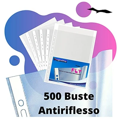 Immagine di LogicaShop Fly Buste Forate Trasparenti per Raccoglitori ad Anelli A4, Cartelline Plastica (Antiriflesso, 500 Pezzi)