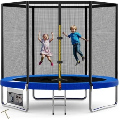 Immagine di Devoko Trampolino Elastico per Adulti e Bambini, Tappeto da Giardino Ø 183/228/305/366/427 cm Set Completo con Rete di Sicurezza, Scaletta, Copertura, Scarpe,150 kg(Blu)