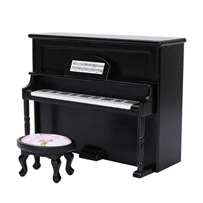 Immagine di 1:12 Mini Giocattolo Pianoforte Verticale Giocattoli Modello con Stool Decorazione Mobili Simulazione Accessori per Casa delle Bambole Compleanno Natale