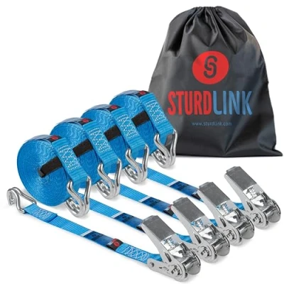 Immagine di Cinghie a Cricchetto con Ganci 25mm 5m LC 400kg/800kg, Chiusara Strappo e Borsa. di Fissaggio per Portamoto o quad, Rimorchi, Ancoraggio Tramite Anello Fissaggio. [x4] EN12195 2 Sturdlink