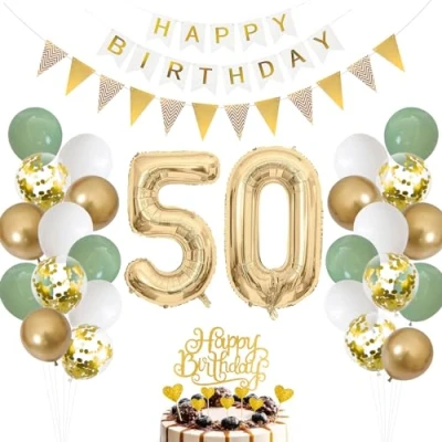 Immagine di 50 compleanno decorazione verde salvia palloncino per uomini e donne, bianco oro, numero palloncini in pellicola, torta