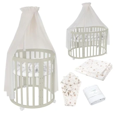 Immagine di Lettino Mobile Waldin 7in1 Ovale, Materasso, Culla Espandibile, Ventilato, Base Regolabile 5 Posizioni, Set Completto, Legno Oliva, Tessuti Tarassaco Champagne