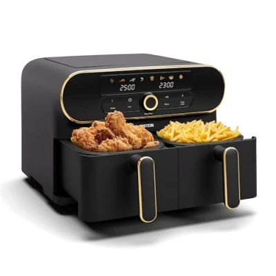 Immagine di KLARSTEIN AuraAir Color Touch Dual Friggitrice ad Aria, 11L, 1700W, 2 Scomparti, 8 Programmi, Screen, Riduzione dei Grassi, Protezione dal Surriscaldamento, Spegnimento Automatico, Nero/Oro