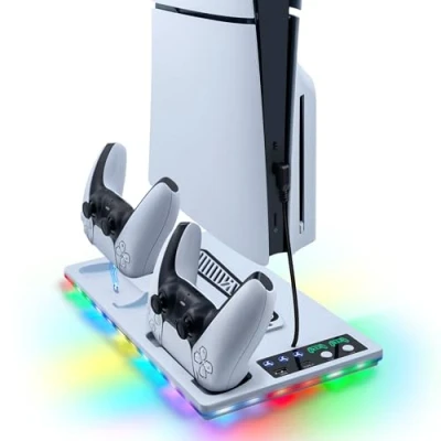 Immagine di Wigearss Supporto Verticale di Raffreddamento PS5 con Doppio Controller Caricatore, Illuminazione RGB per PS5/PS5 Slim/PS5 PRO DE/UHD