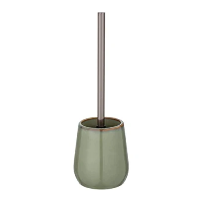 Immagine di WENKO set WC Sirmione, portascopino in pregiata ceramica, chiuso da pavimento incluso scopino per toilette robusta plastica, ciuffo sostituibile, Ø 10,5 x 40 cm, colore verde/rame