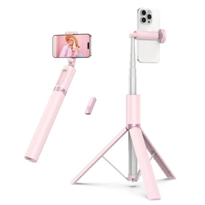 Immagine di ATUMTEK Bastone Selfie 140cm, Asta con Telecomando Bluetooth Ricaricabile, Stick Treppiede Estensibile in Alluminio, Compatibile iPhone, Samsung e Telefoni Android Rosa