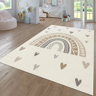 Immagine di TT Home Tappeto Bambini Cameretta Bambina Ragazzi Moderno Arcobaleno Nuvola Motivo Con Animale Colorato, Colore: Beige, Dimensione:200x280 cm