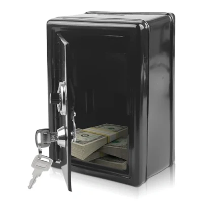 Immagine di salvadanaio a forma di con scomparto per denaro, mini cassaforte, in metallo, 2 chiavi, risparmio altezza 18 cm, lunghezza 12 larghezza 9,5 cassa
