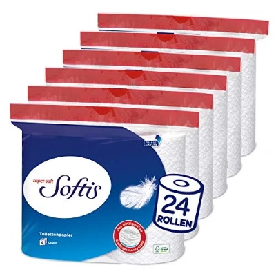 Immagine di Softis Carta igienica a 4 strati Confezione da 24 rotoli (6 x confezioni singole) 100 fogli per rotolo Sistema unico camera morbida Imballaggio riciclabile certificata FSC®