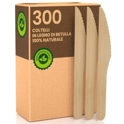 Immagine di 300 Coltelli Ecologici in Legno di Betulla Monouso 100% Naturali Biodegradabili e Compostabili Posate Usa Getta