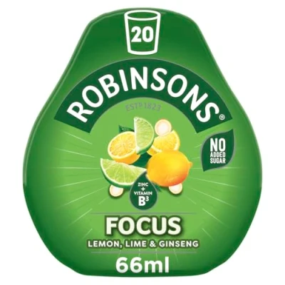 Immagine di Robinsons Focus Benefit, gocce di limone, lime e ginseng con vitamina B3 zinco, vero succo frutta, senza coloranti artificiali, zuccheri aggiunti, perfette per i viaggi, 66 ml