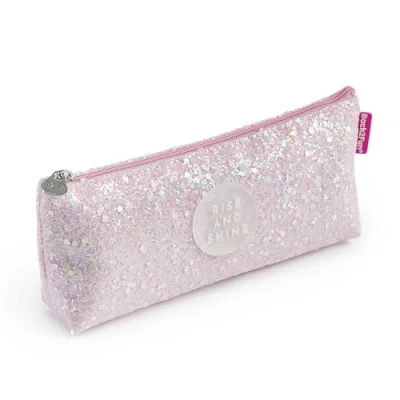 Immagine di Back2Fun astuccio triangolare lucido, a 1 vano, dimensioni 200 x 80 35 mm, con glitter e maniglia metallica, chiusura zip, materiale poliestere, colore Rosa,