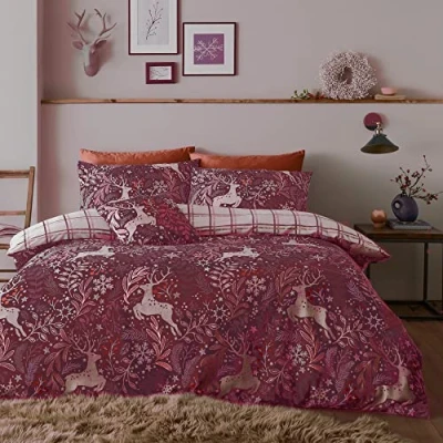 Immagine di Happy Linen Company Set di biancheria da letto con copripiumino reversibile per bambini e bambine, motivo cervi, colore: rosso