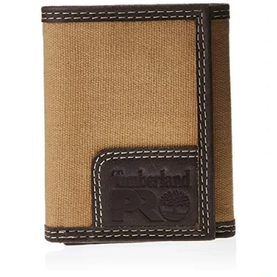 Immagine di Timberland PRO Men&#039;s Canvas Leather RFID Trifold Wallet with Zippered Pocket, Khaki, One Size