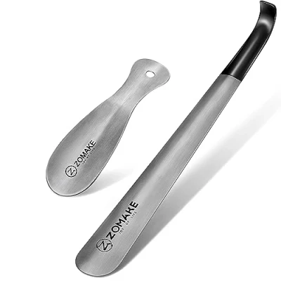 Immagine di ZOMAKE Calzascarpe Metallo 2Pezzi,Acciaio Inossidabile Lungo Shoe Horn 42cm Argento Corto Calzante 19cm con Gancio Facile da Usare(2Pezzi 42&amp;19cm)