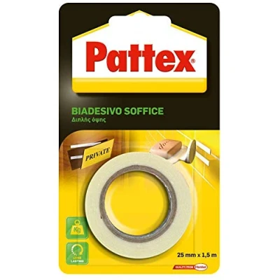 Immagine di Pattex Biadesivo Soffice, Elevata Tenuta, Ottima Resistenza all&#039;Umidità, Per Accessori in Bagno e Cucina, Montare Specchi a Parete o all&#039;interno di Armadi, 25mmx1,5m