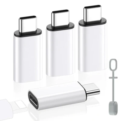 Immagine di MoKo Adattatore Femmina Lightning a Maschio USB C per iPhone 15 PRO Max Plus, 4 PZ Supporto Ricarica/Trasferimento Dati, Non Auricolari/Audio/OTG, Bianco