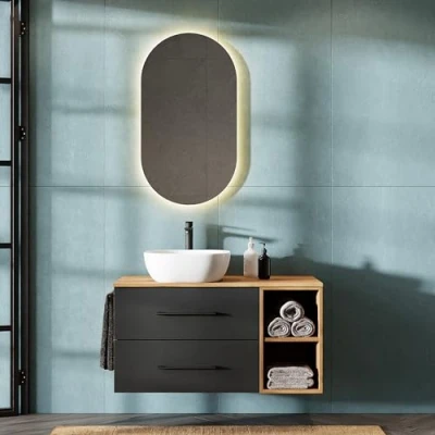 Immagine di Planetmöbel LUX Set di mobili da bagno con mobiletto 100 cm, sospeso, lavabo 42 colore bianco, dorato/antracite