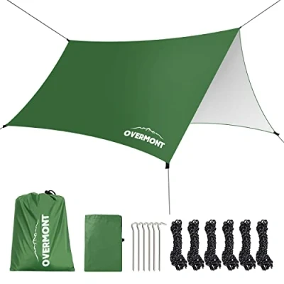Immagine di Overmont Telo da Campeggio 3m x Telone Multifunzione Pieghevole Portatile con 6 Chiodi e Corde Impermeabile Resistenti al Sole per Tenda Amache Picnic Spiaggia Verde