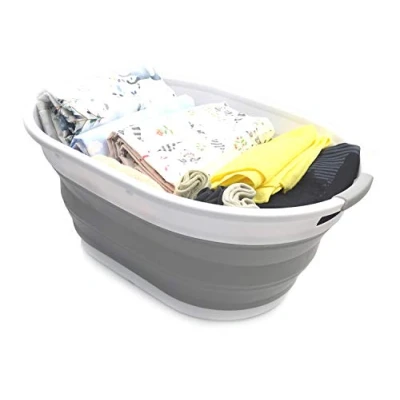 Immagine di SAMMART 28Litri Cesto portabiancheria pieghevole in plastica Cestello ovale Contenitore Cestino portaoggetti portatile Salvaspazio (grigio)
