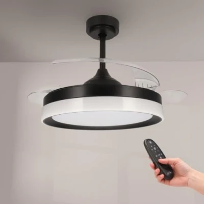 Immagine di M mimotec Ventilatore a soffitto Led Black Yeray con luce da 36W e telecomando, basso consumo, motore DC 20W, 6 velocità, silenzioso, 4 pale retrattili. LM8816