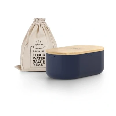 Immagine di LARS NYSØM Portapane in metallo con sacchetto di lino per una freschezza duratura I Scatola del pane coperchio bambù alta qualità utilizzabile come tagliere (Navy Blue)