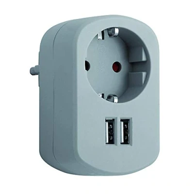 Immagine di SIMON adattatore Combi, da viaggio con presa Schuko 16A e 2 prese USB, di corrente ricarica parete, ladro colore grigio cenere