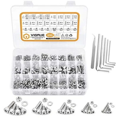 Immagine di VIGRUE Set di 650 viti a esagono incassato M2 M3 M4 M5 M6, in acciaio inox 304, filettatura completa con dadi e rondelle scatola assortimento
