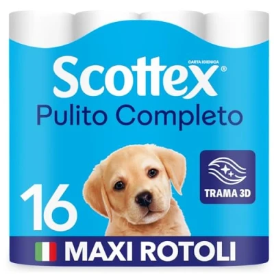 Immagine di Scottex Pulito Completo Carta Igienica, Morbida e Resistente, Con fibre di Cotone, Fatto in Italia, 16 Rotoli Maxi